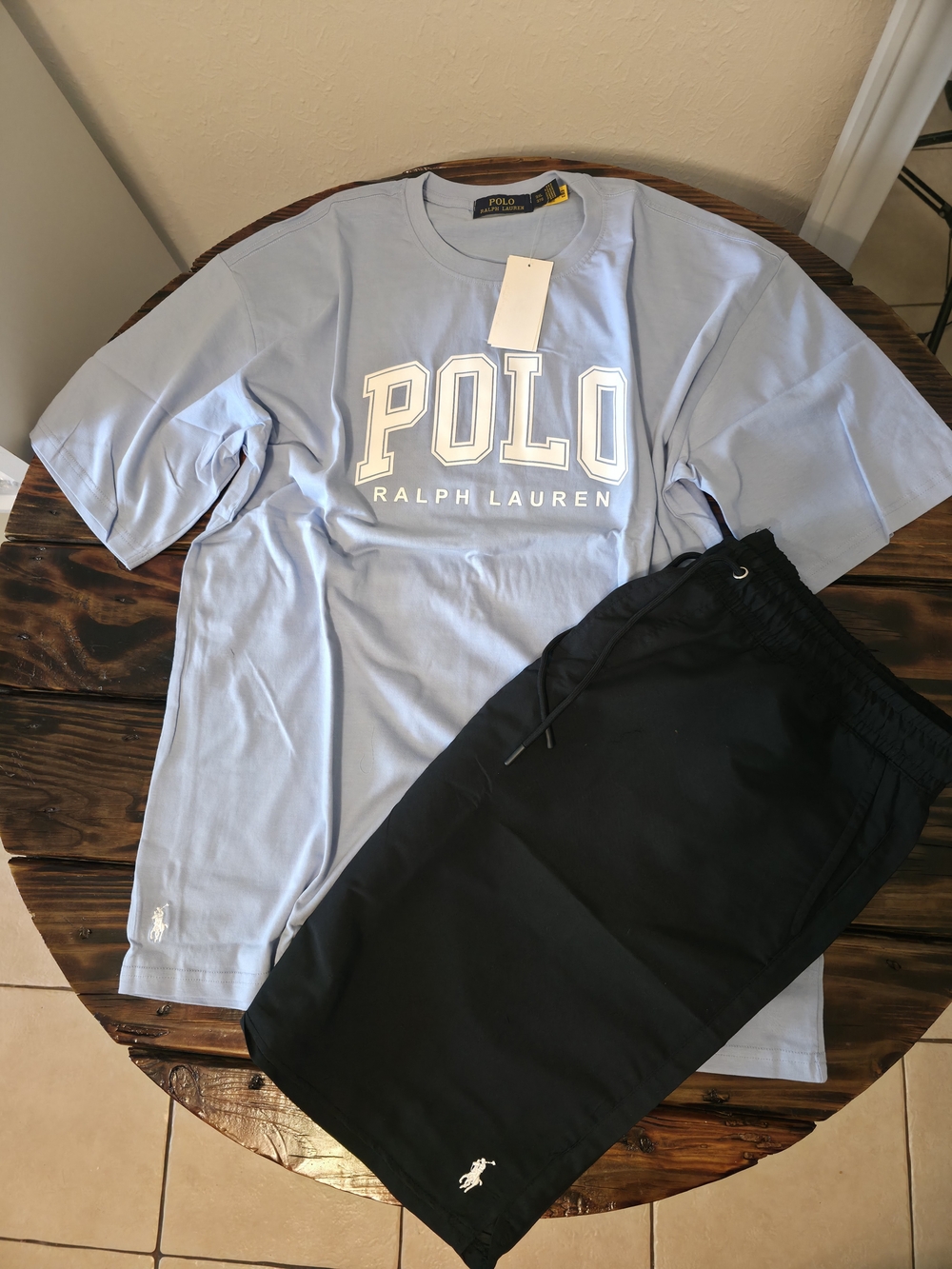 Polo by Ralph Lauren Light Blue Tee with Black Swim Board Shorts